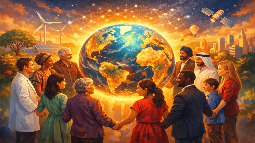 "Diverse group of people from different cultures, ages, and professions forming a circle around a glowing Earth, symbolizing Vasudhaiva Kutumbakam – the world is one family, with subtle icons of education, technology, environment, and innovation in the background."