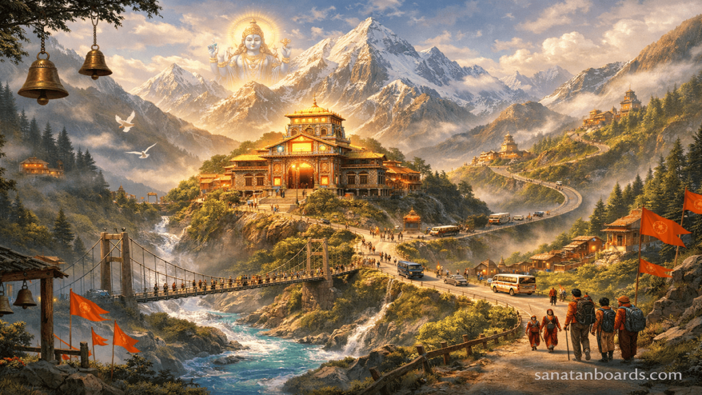 Divine illustration of Badrinath Temple in the Himalayas with pilgrims, river, and glowing Lord Vishnu above.