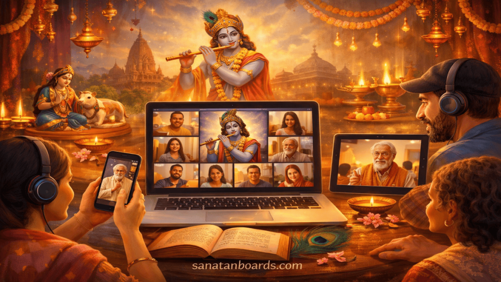 People from around the world joining an online Dwarka Krishna Bhakti Network satsang on laptops and smartphones, with Lord Krishna and devotional decorations in the background.