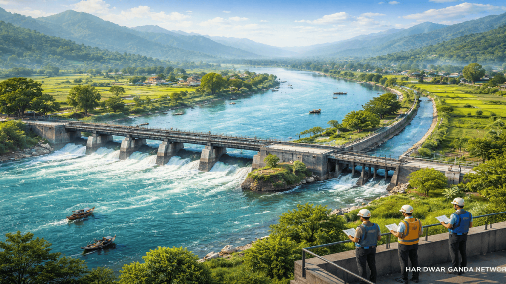 Haridwar Ganga Network with Bhimgoda Barrage, Upper Ganges Canal, farmland, boats, and riverbanks, morning mist, watermark 'sanatanboards.com