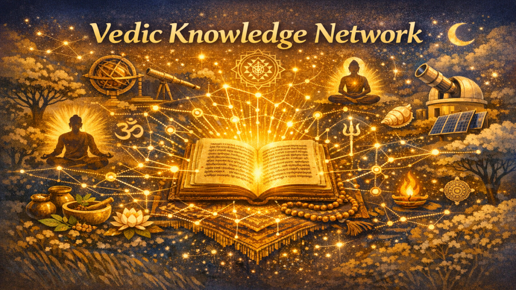 Glowing ancient Vedic manuscript connected to yoga, meditation, Ayurveda, and astronomy symbols representing the Vedic Knowledge Network