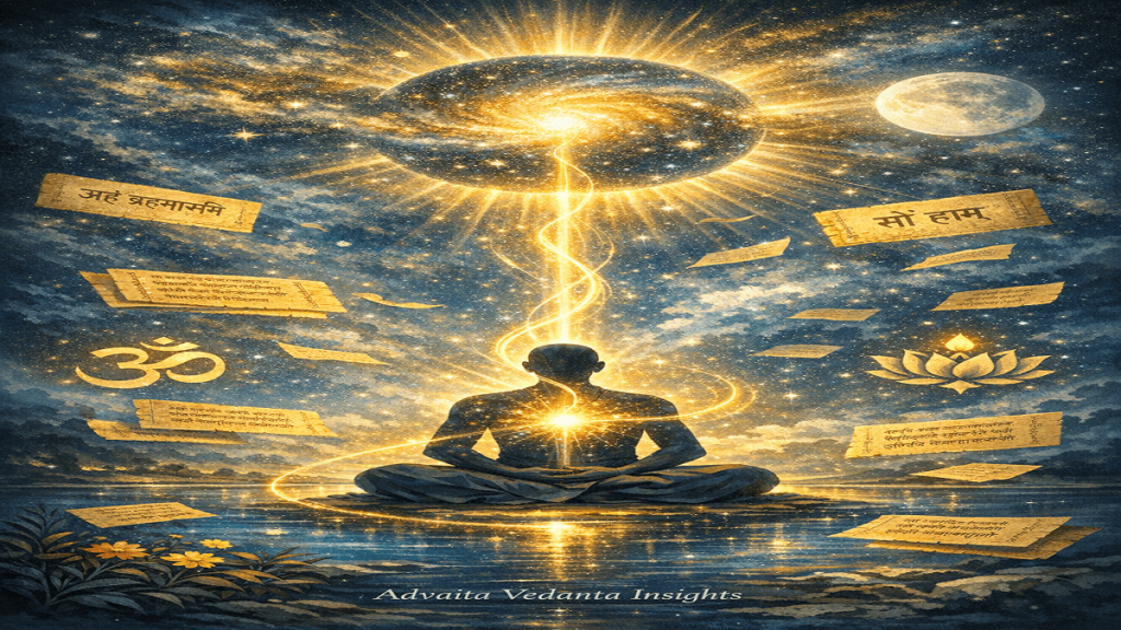 Illustration of Adi Shankaracharya meditating peacefully while representing the teachings of Advaita Vedanta.