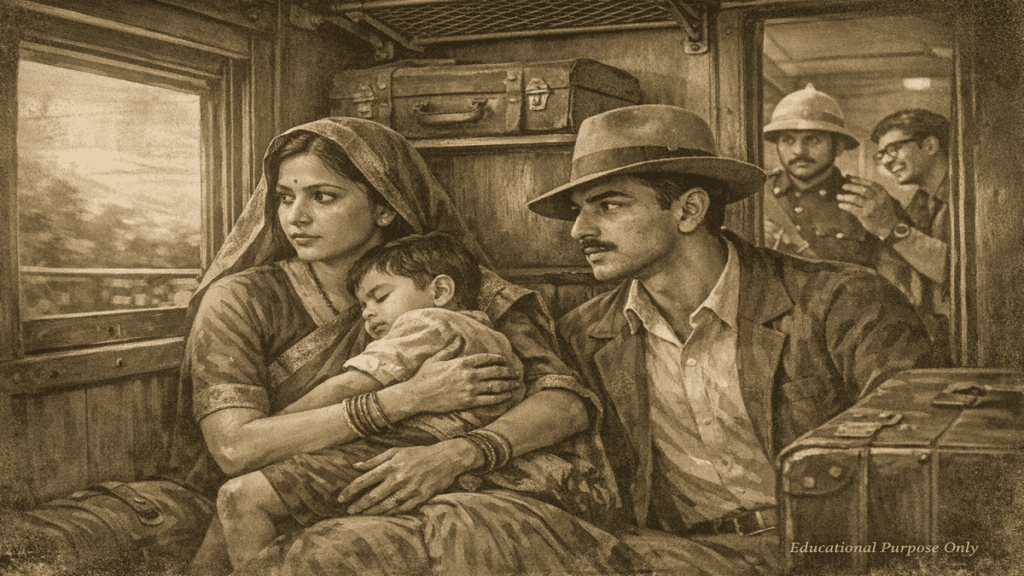 Durga Bhabhi disguised as a woman helping Bhagat Singh escape on a 1920s Indian train