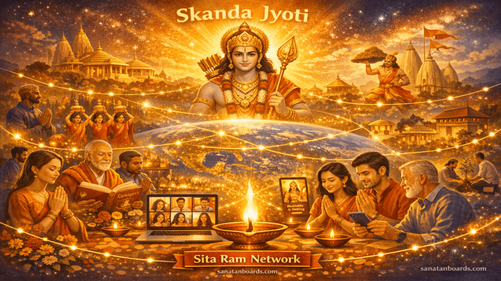 Digital illustration of Skanda Jyoti network with global devotees and glowing light threads.