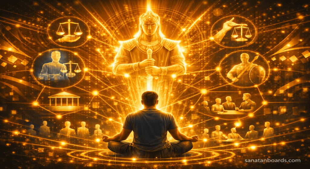 Futuristic network with glowing Yudhishthira and justice icons