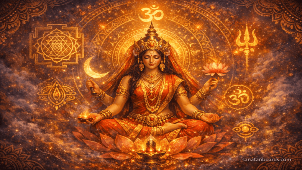 Goddess Kamakhya meditating amid cosmic energy, glowing yantras, sacred symbols, and divine aura with vibrant traditional Indian motifs.