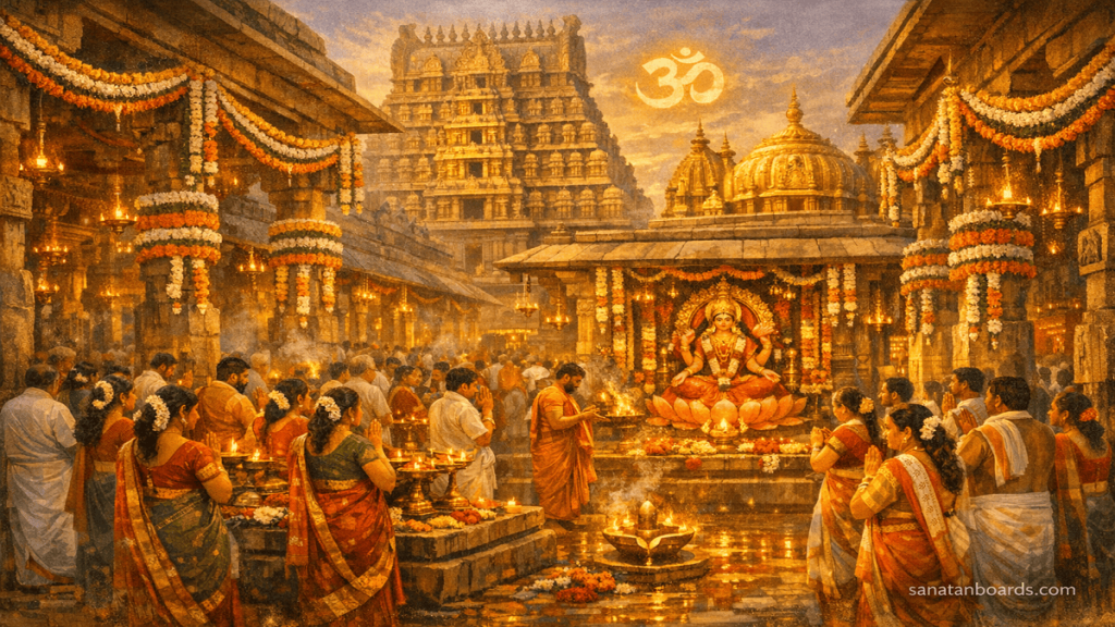 Devotees in traditional South Indian attire offer prayers at Kamakshi Amman Temple in Kanchipuram, with glowing lamps, flower garlands, and golden light illuminating Dravidian architecture.