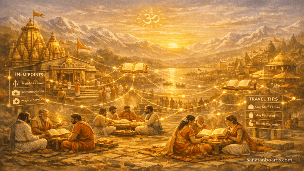 Spiritual scene on the Kurukshetra battlefield with groups of people studying Dharma, glowing books and scrolls connected by ethereal light, and Krishna guiding Arjuna’s chariot in the background.