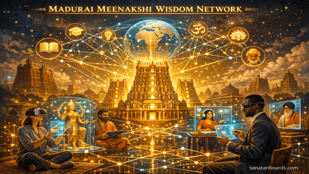 Futuristic concept art of Meenakshi Temple glowing at center, connected by digital lines to global users accessing knowledge via holograms and VR.