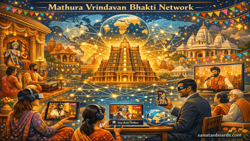 Digital illustration of Krishna temples with devotees watching live bhajans and darshan on mobile devices, set in a festive global network