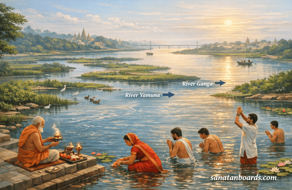 Morning rituals at Prayagraj riverbank with Ganga, Yamuna, and Saraswati rivers.