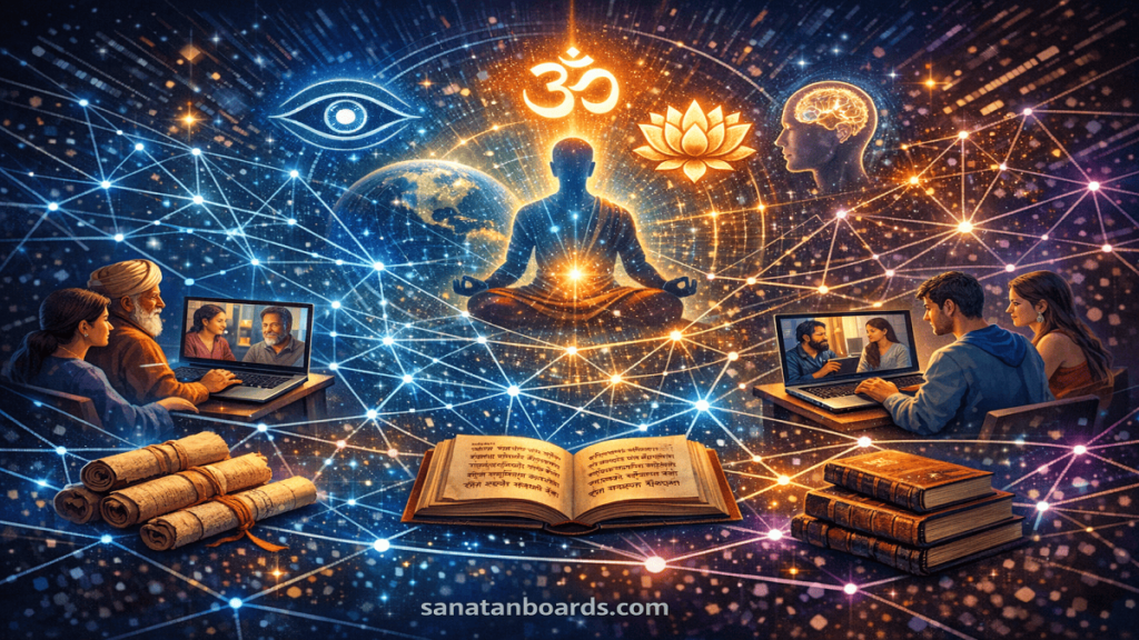 Digital network connecting ancient Upanishads and modern learning tools with students participating online.