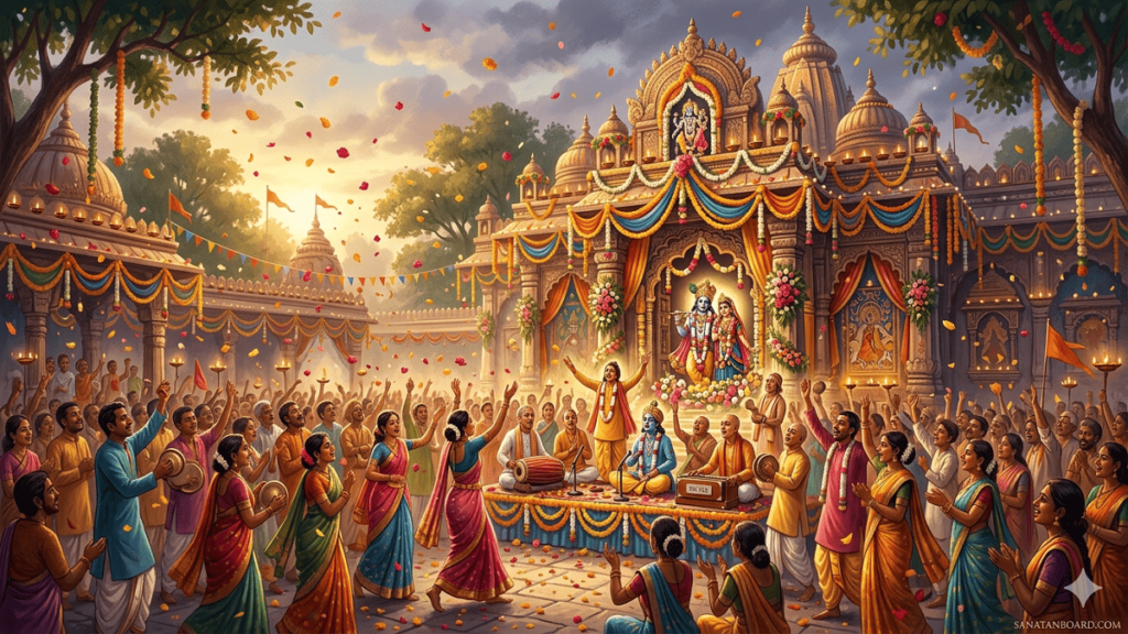Vibrant illustration of a Krishna temple festival with devotees performing kirtan, dancing, and singing amidst floating petals and golden sunlight.