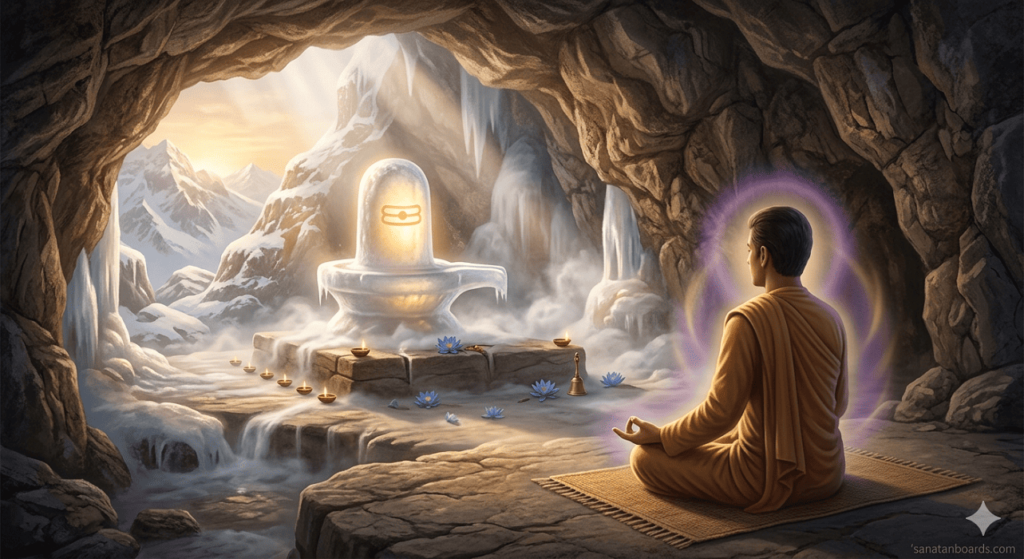 A digital painting of a meditator in ochre robes facing a glowing ice Shiva Lingam inside the Amarnath cave during a Himalayan sunrise.