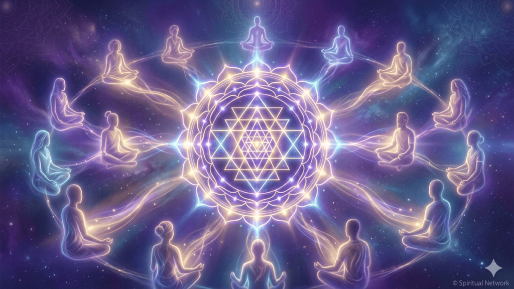 Glowing Sri Yantra at the center surrounded by meditating figures connected by energy waves, symbolizing a spiritual network