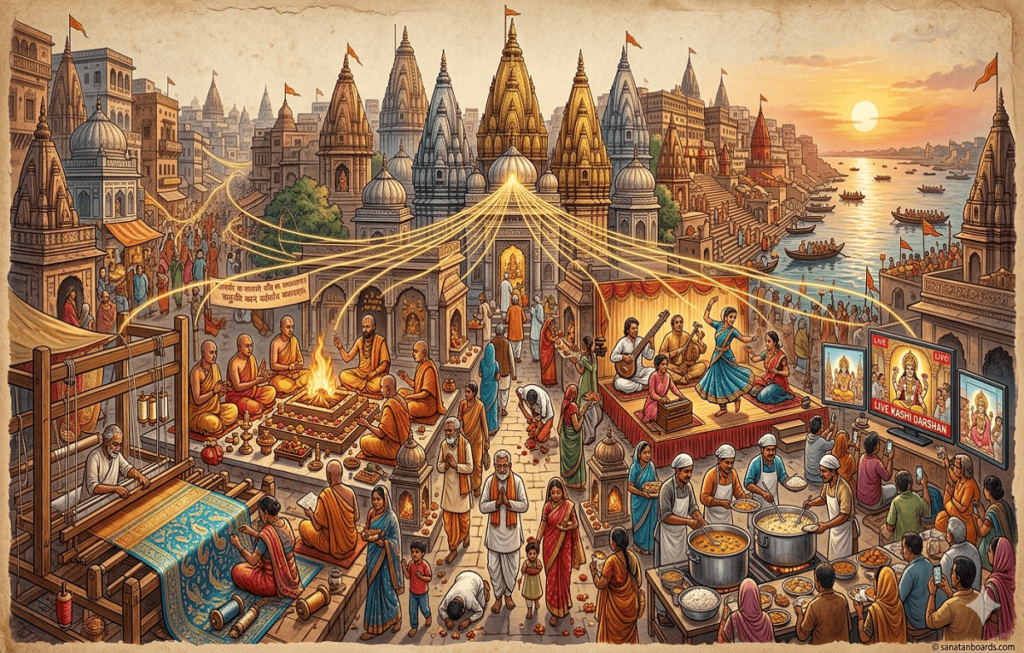 A detailed illustration of the Kashi Vishwanath Network, showing golden light connecting the temple to silk weavers, priests at a fire ritual, musicians, a community kitchen, and digital darshan screens.