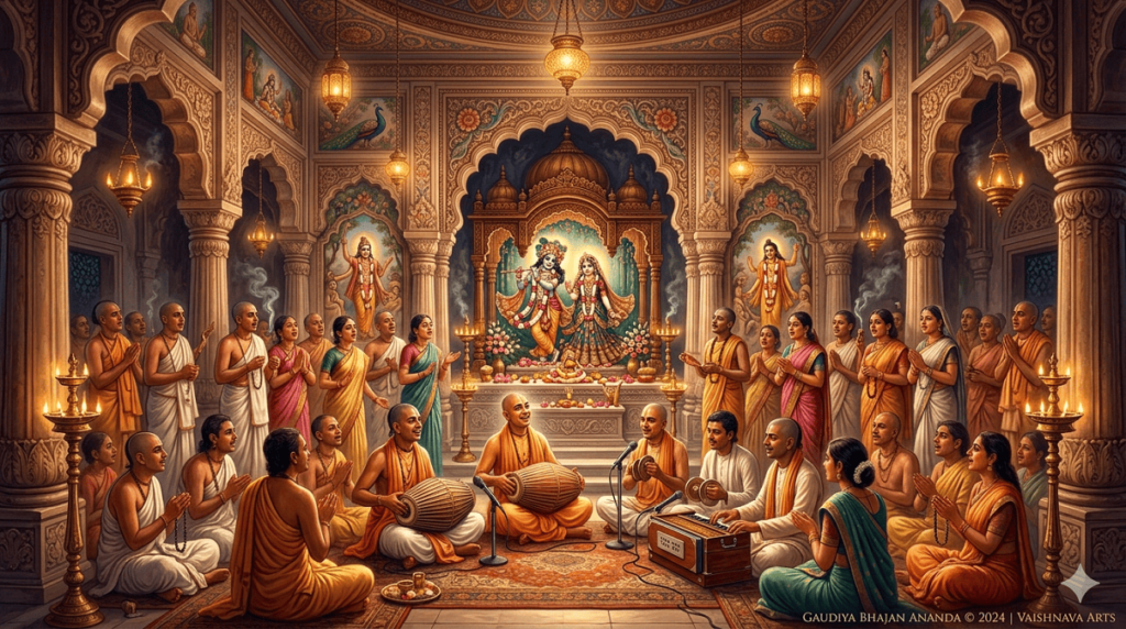 Devotees chanting the Hare Krishna mantra in a temple courtyard, wearing colorful robes, playing traditional instruments, during sunrise, representing Chaitanya Mahaprabhu Bhakti Network.