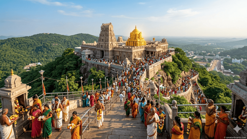 A panoramic view of a massive Hindu temple complex on a lush mountain peak, with thousands of pilgrims ascending wide stairs. The central dome is brilliant gold. The watermark "sanatanboards.com" is visible in the corner
