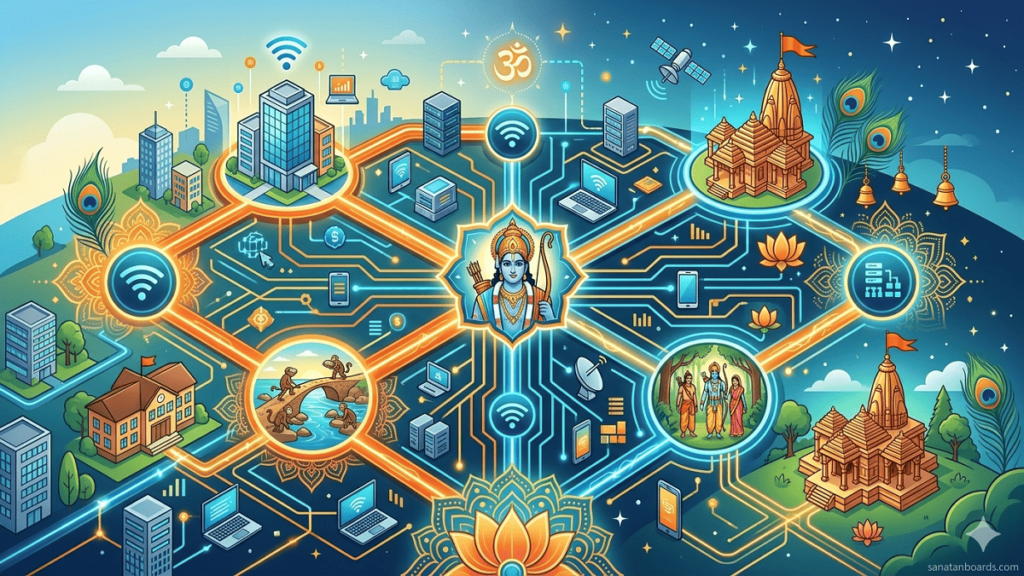 Digital illustration of the Shri Ram Network, featuring modern infrastructure and schools connected by glowing data lines with Lord Rama and Ramayana motifs.