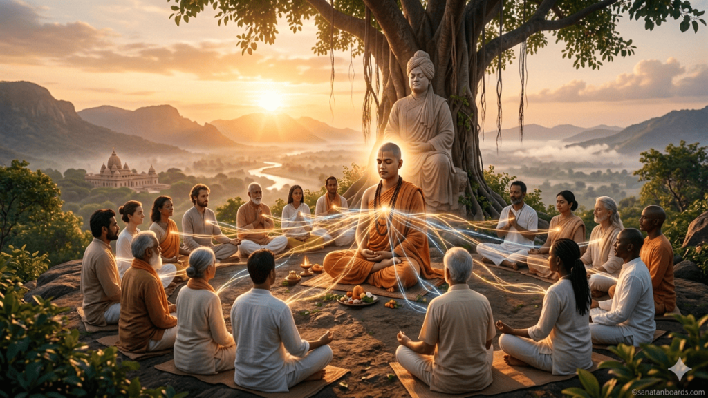 A meditating monk in saffron robes sits at the center of a diverse circle of people on a mountain at sunrise, with glowing threads of light connecting them all.