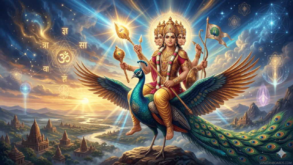 Lord Kartikeya as a six-faced warrior (Shanmukha) riding a peacock, holding a glowing Vel spear.