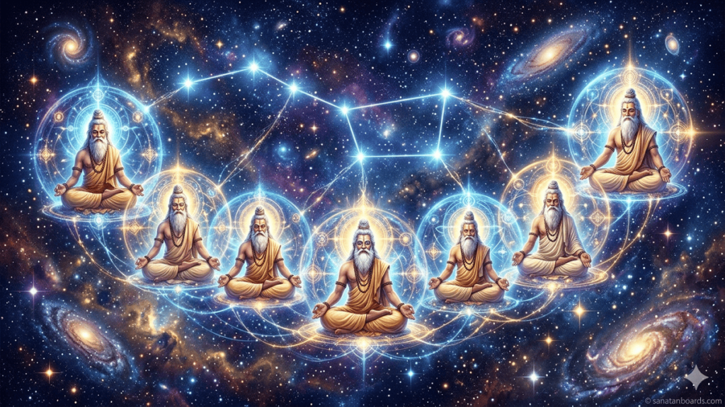 Seven glowing ancient Indian sages (Saptarishis) in meditative poses floating in a cosmic nebula, with the Big Dipper constellation and galaxies in the background.