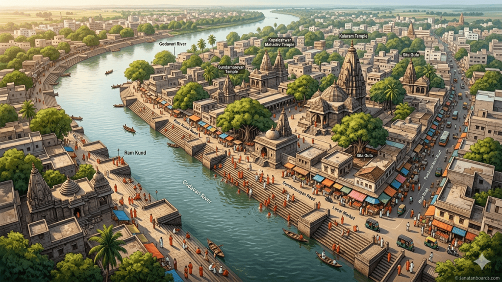 Aerial map of Panchavati, Nashik, showing Godavari river ghats, Kalaram Temple, and local markets with labels.