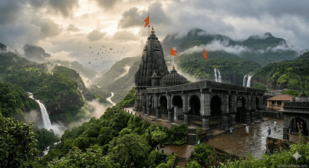 An ultra-realistic, wide-angle landscape of the ancient stone Bhimashankar Temple perched on a lush green cliff in the Western Ghats, featuring cascading waterfalls, misty monsoon mountains, and a golden sunset.