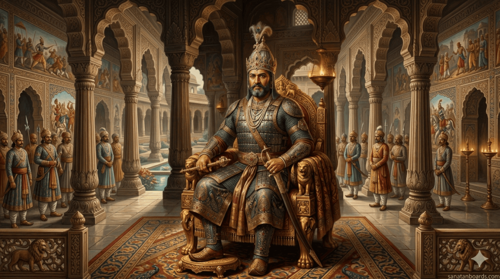 “Portrait of Mahendrapala I, Gurjara-Pratihara emperor, on golden throne, with crown and jewelry”