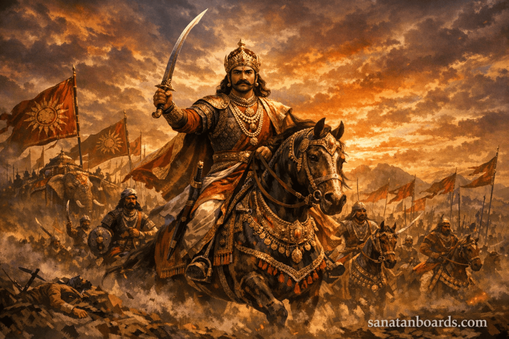 “Mahendrapala I leading Gurjara-Pratihara army on horseback at sunset”