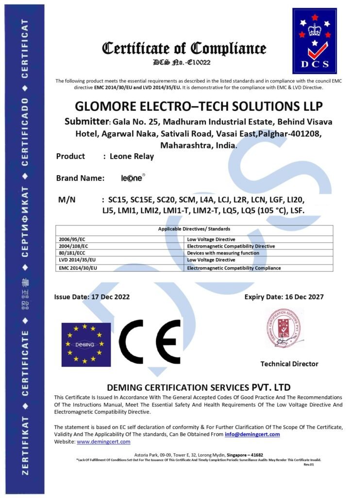 An official CE Marking Certificate of Compliance issued by Deming Certification Services Pvt. Ltd. to Glomore Electro-Tech Solutions LLP for Leone Relay products under EMC and LVD directives.
