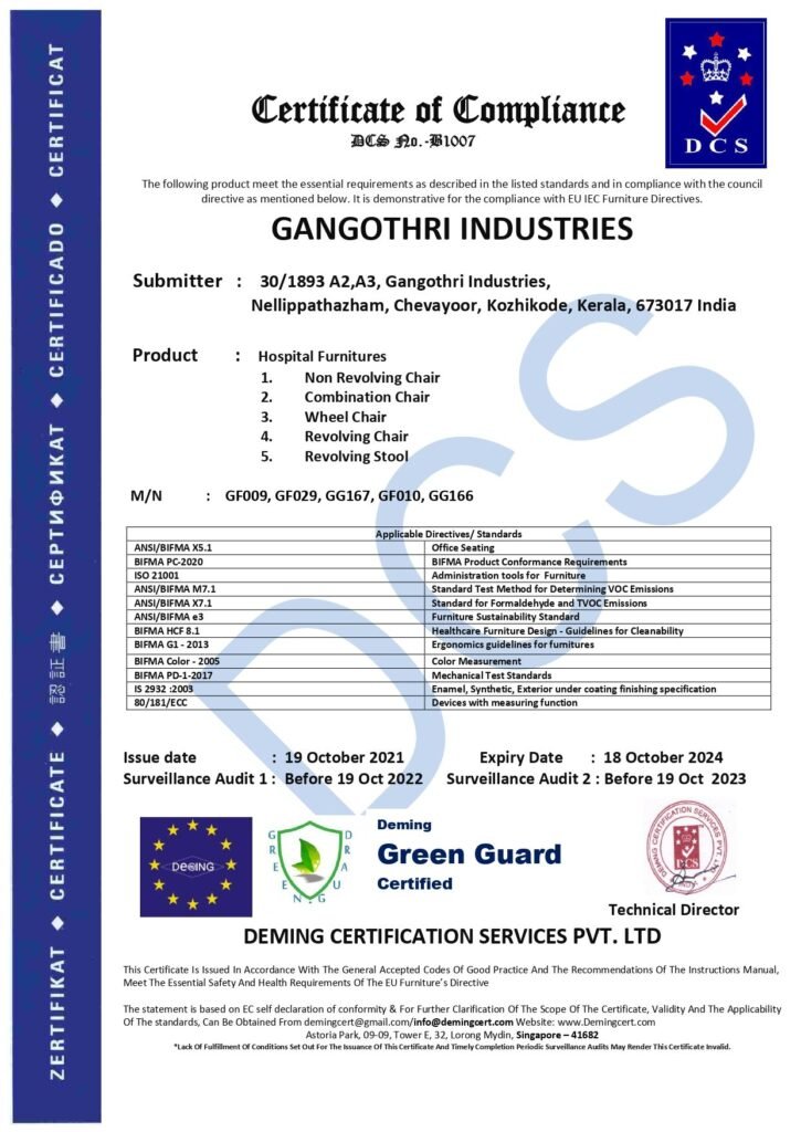 Deming Green Guard Certificate of Compliance (DCS No. B1007) issued to Gangothri Industries for hospital furniture.