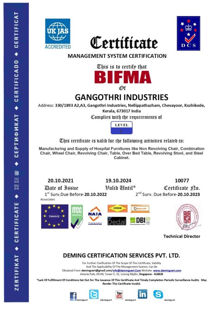 BIFMA Management System Certification certificate (No. 10077) issued to Gangothri Industries in Kozhikode, Kerala, by Deming Certification Services Pvt. Ltd.