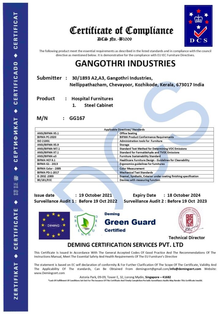 Deming Green Guard Certificate of Compliance (DCS No. B1009) issued to Gangothri Industries for steel cabinets.