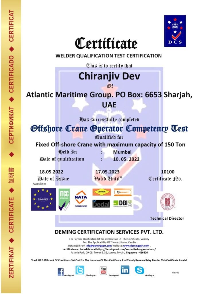 Official DCS Offshore Crane Operator Competency Test Certification document awarded to Chiranjiv Dev of Atlantic Maritime Group, Sharjah, UAE, qualifying him for fixed offshore cranes up to 150-ton capacity, showing certificate number 10100, issue date 18.05.2022, and issuer signatures.