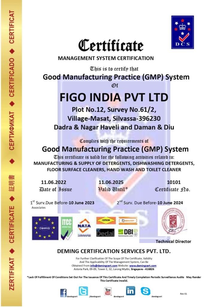 Official DCS Management System Certification document awarding Good Manufacturing Practice (GMP) System compliance to Figo India Pvt Ltd in Silvassa for cleaning products manufacturing, showing certificate number 10101 and issuer stamps.