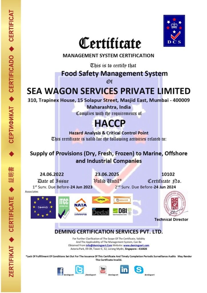 Official DCS Management System Certification document awarding Hazard Analysis & Critical Control Point (HACCP) Food Safety Management System compliance to Sea Wagon Services Private Limited for provision supply, showing certificate number 10102 and official seals.