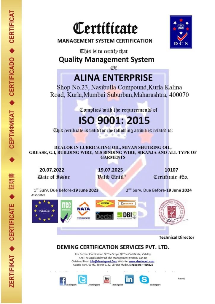 Official DCS Management System Certification document awarding ISO 9001:2015 Quality Management System compliance to Alina Enterprise in Kurla, Mumbai, for dealing in lubricating oils, construction hardware, and garments, featuring certificate number 10107 and official seals.
