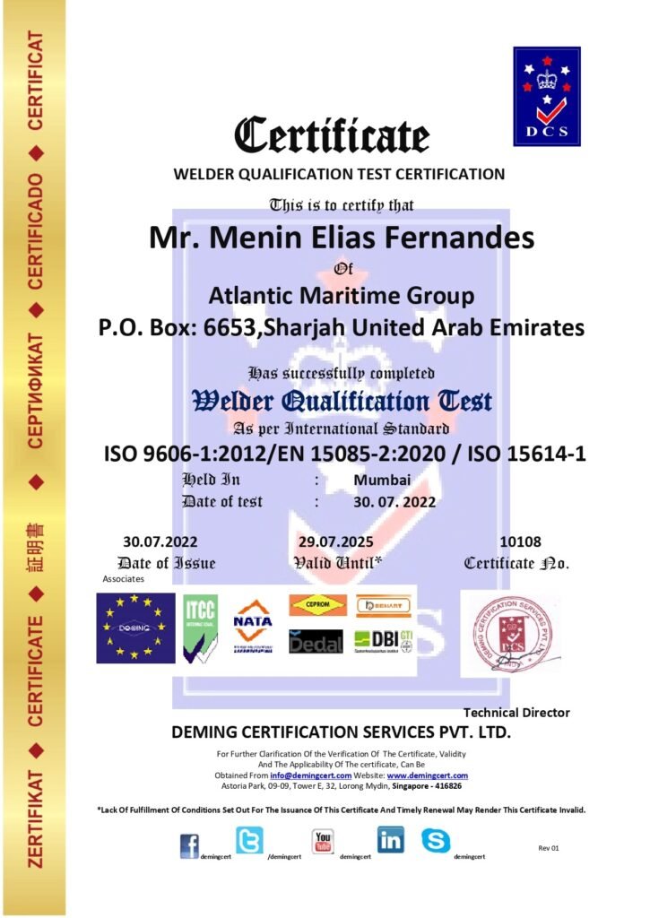 Welder Qualification Test Certificate issued by Deming Certification Services Pvt. Ltd. to Mr. Menin Elias Fernandes of Atlantic Maritime Group.
