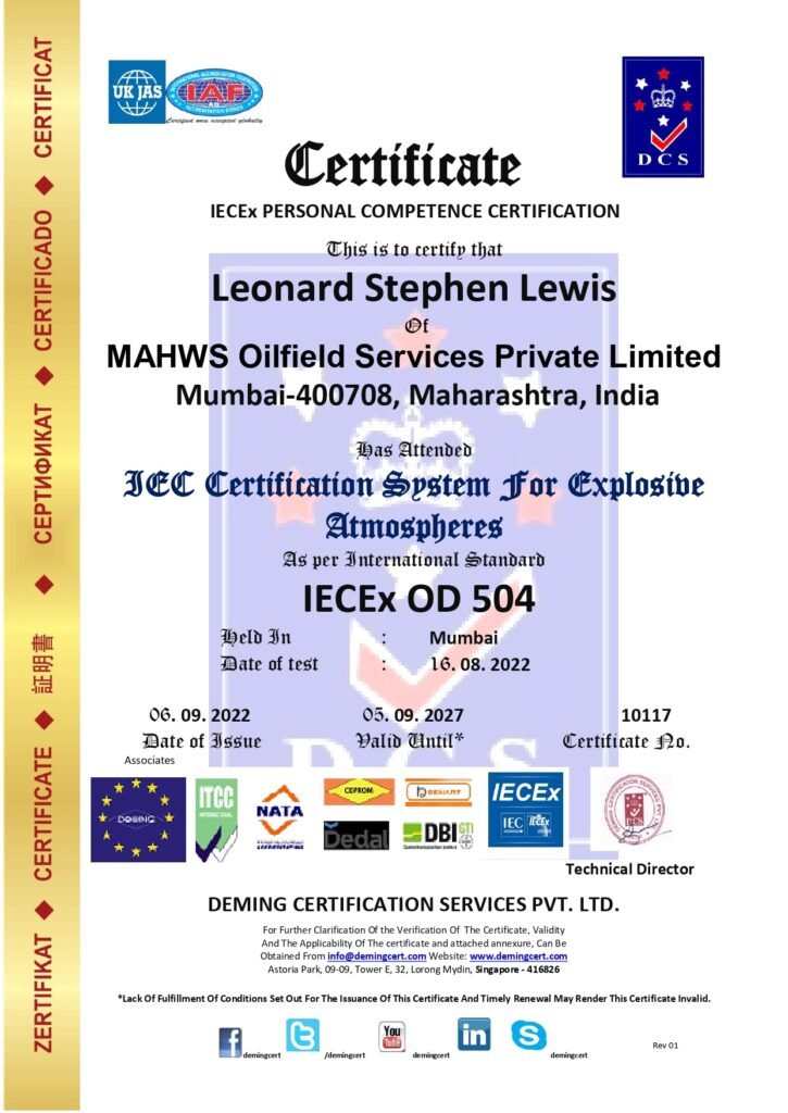 An official IECEx Personal Competence Certificate issued by Deming Certification Services Pvt. Ltd. to Leonard Stephen Lewis of MAHWS Oilfield Services Private Limited.