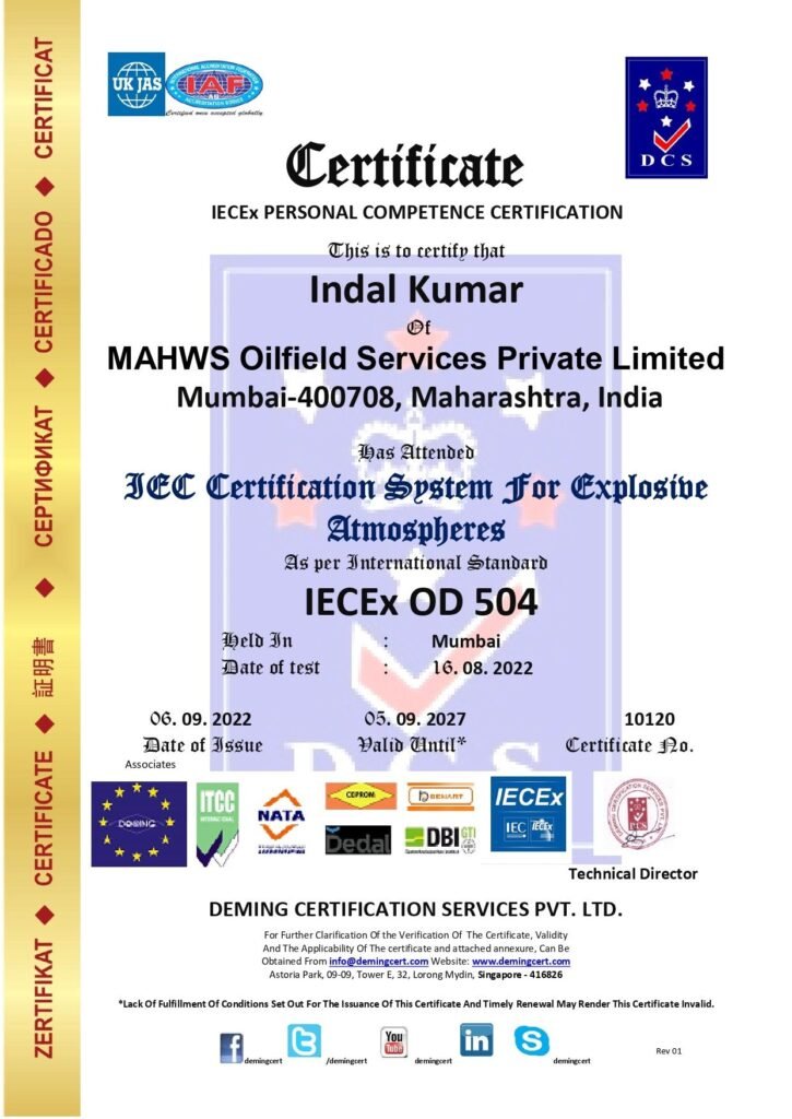 An official IECEx Personal Competence Certificate issued by Deming Certification Services Pvt. Ltd. to Indal Kumar of MAHWS Oilfield Services Private Limited.