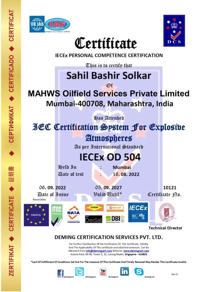 An official IECEx Personal Competence Certificate issued by Deming Certification Services Pvt. Ltd. to Sahil Bashir Solkar of MAHWS Oilfield Services Private Limited.