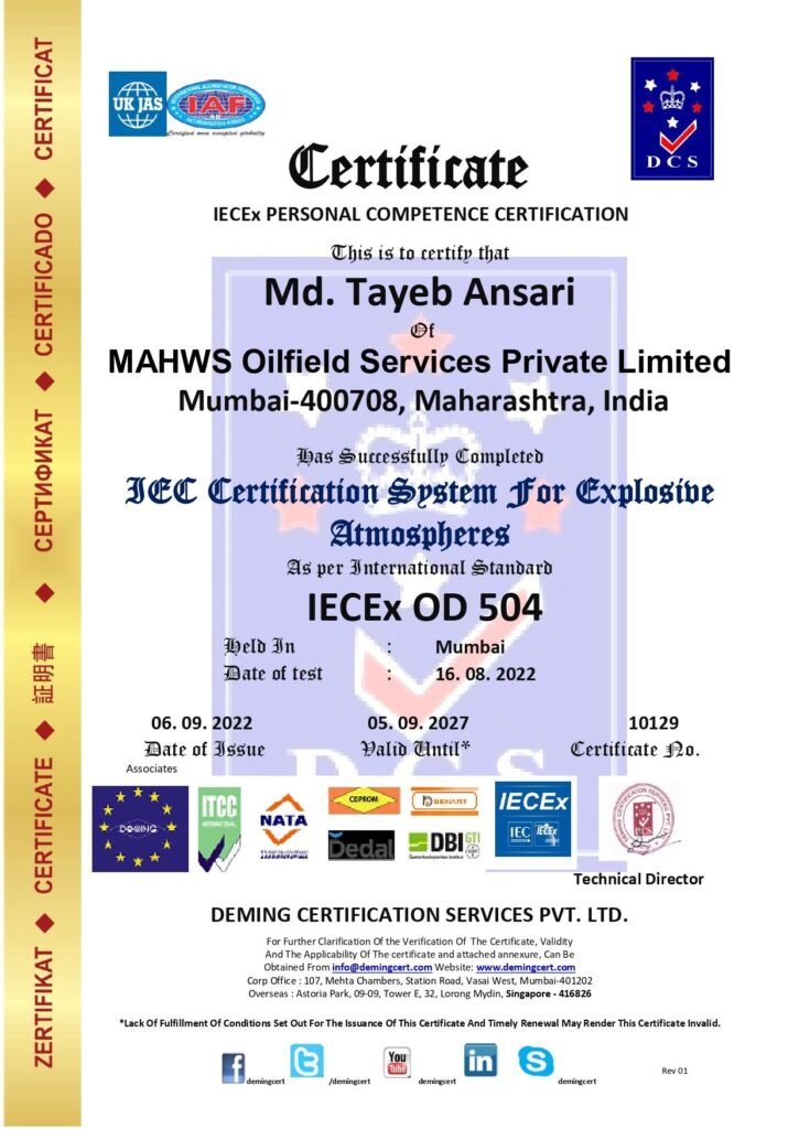 An official IECEx Personal Competence Certificate issued by Deming Certification Services Pvt. Ltd. to Md. Tayeb Ansari of MAHWS Oilfield Services Private Limited.