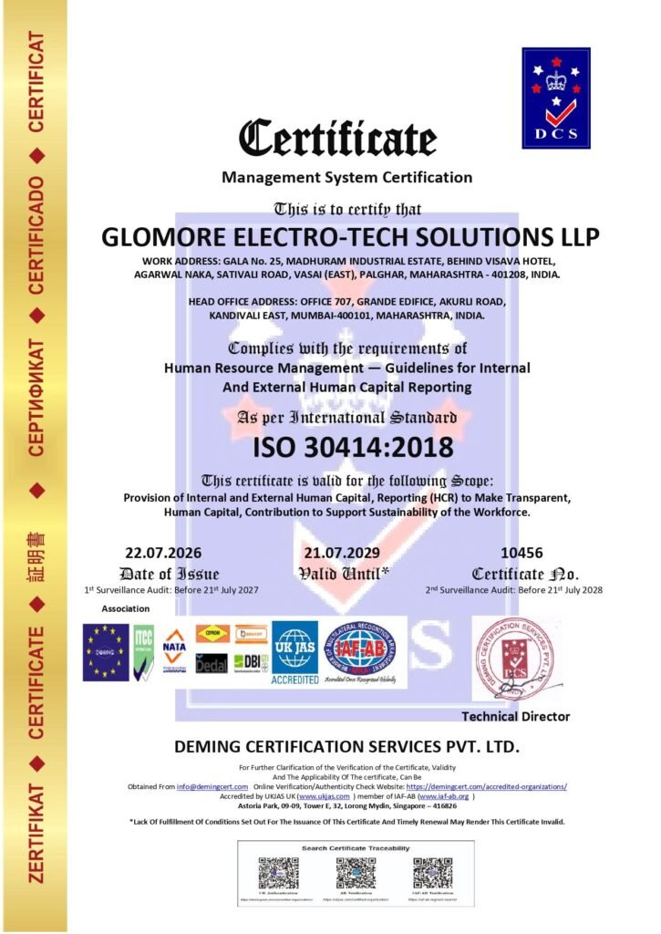 An official ISO 30414:2018 Management System Certificate issued by Deming Certification Services Pvt. Ltd. to Glomore Electro-Tech Solutions LLP for Human Resource Management and Human Capital Reporting.