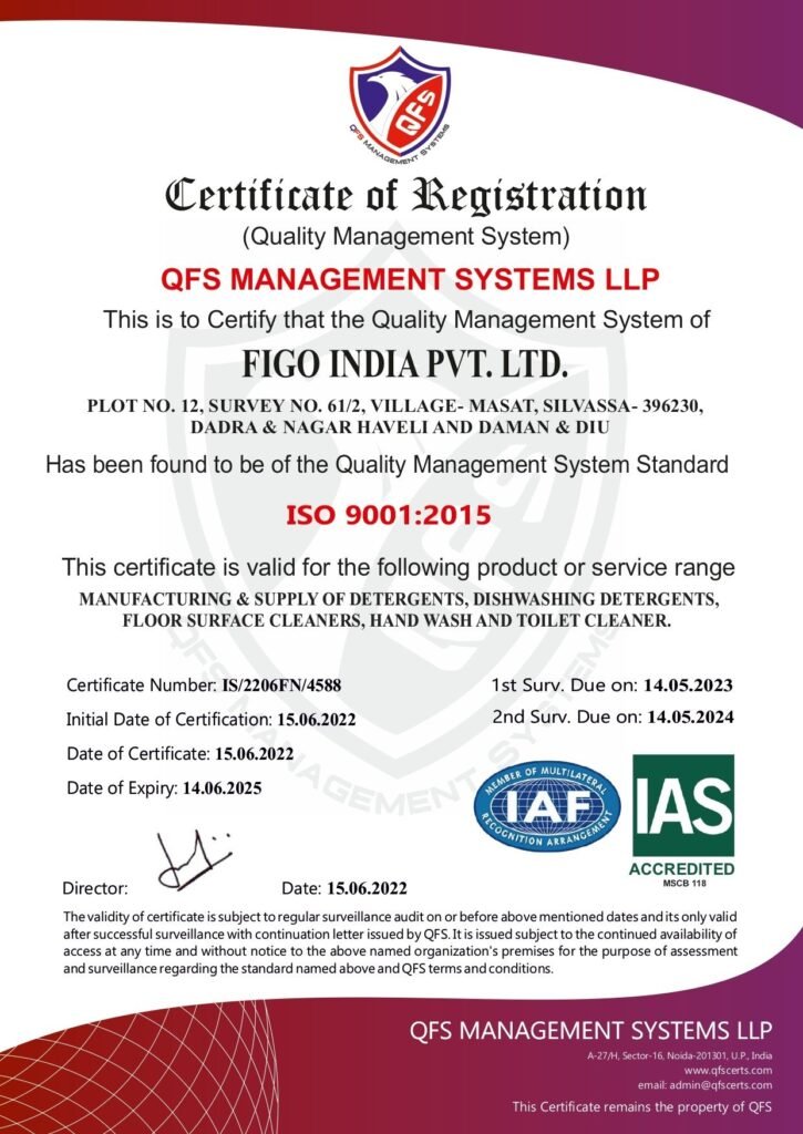 Official QFS Certificate of Registration document certifying the Quality Management System of Figo India Pvt. Ltd. under ISO 9001:2015, featuring certificate number IS/2206FN/4588, IAS and IAF logos, and authorization signatures.