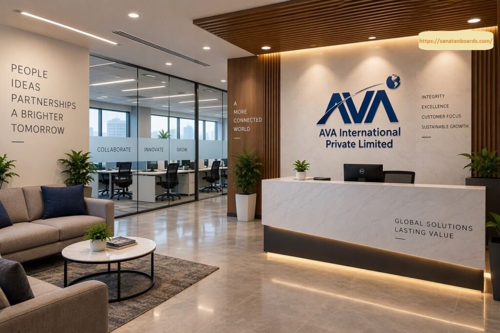 Modern office reception area featuring a white marble desk with the AVA International Private Limited logo, warm wooden paneling, comfortable guest sofas, and glass office partitions.