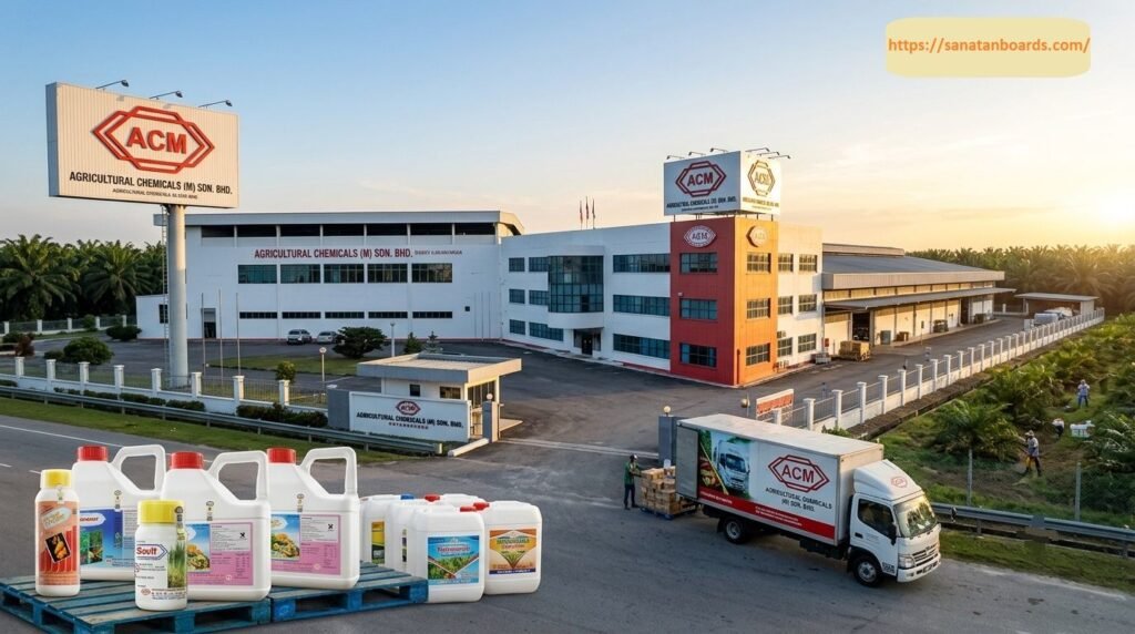 An wide exterior view of the Agricultural Chemicals (M) Sdn. Bhd. facility featuring corporate buildings, large ACM signage, a delivery truck, and a foreground overlay of various agricultural product containers.
