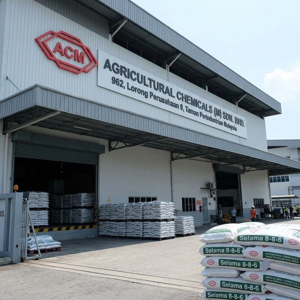 Exterior view of the Agricultural Chemicals (M) Sdn. Bhd. warehouse facility displaying large ACM signage, open bay doors, and stacked pallets of Selama 8-8-6 fertilizer bags outside.
