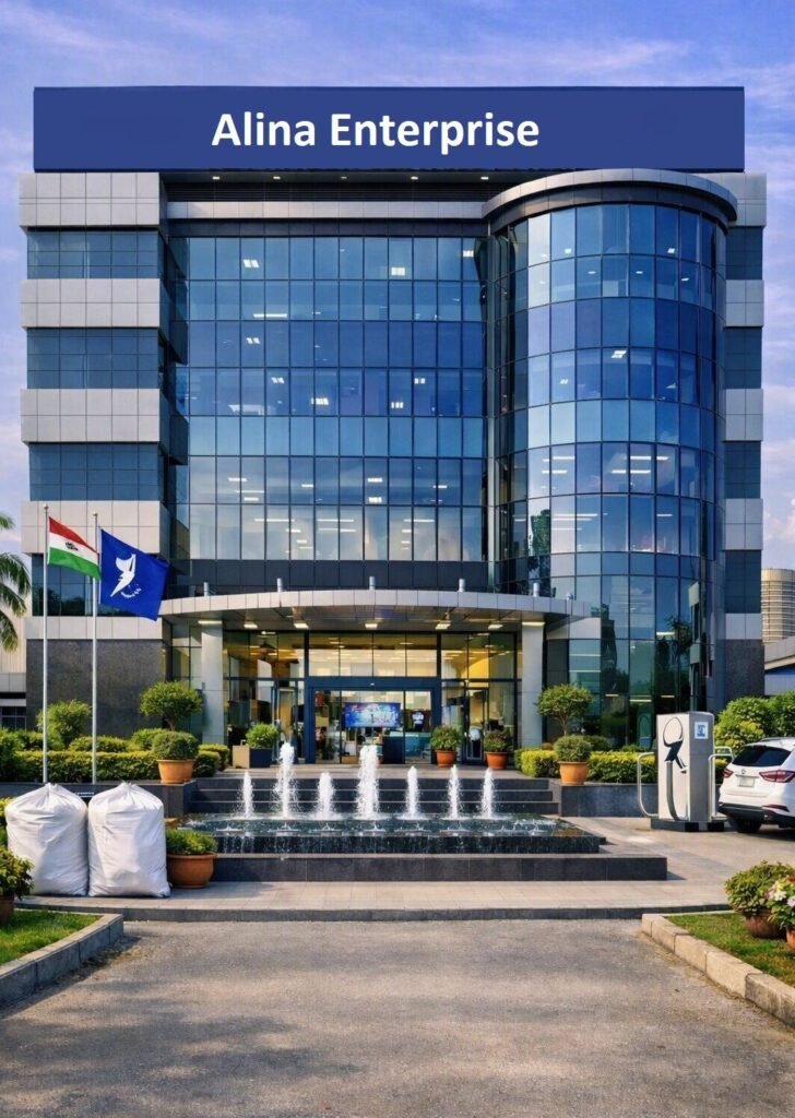 Exterior view of the multi-story corporate headquarters building for Alina Enterprise, featuring a glass facade, top signage, entrance water fountains, flagpoles, and an EV charging station near the driveway.