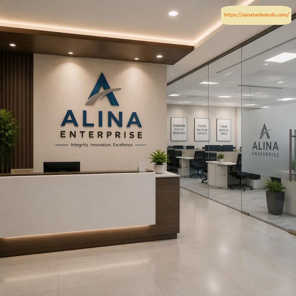 Modern corporate office reception desk combining white marble and dark wood paneling, set in front of a feature wall displaying the blue "ALINA ENTERPRISE" logo, an abstract 'A' symbol, and the tagline "Integrity. Innovation. Excellence."